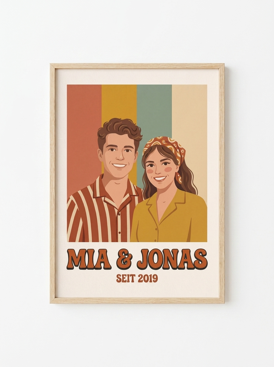 Personalisiertes Paarportrait Poster — Retro Illustration – gerahmtes Poster an weißer Wand