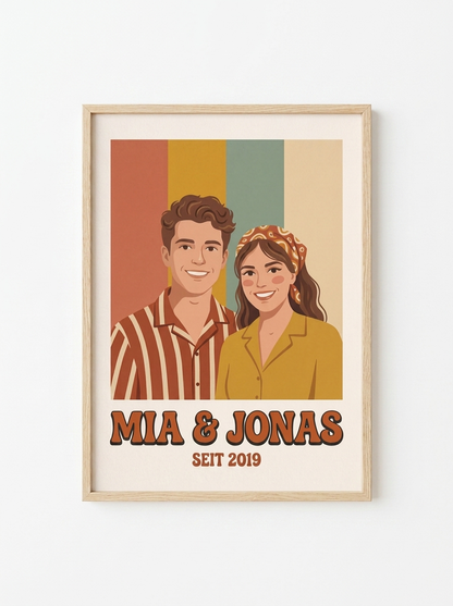Personalisiertes Paarportrait Poster — Retro Illustration – gerahmtes Poster an weißer Wand