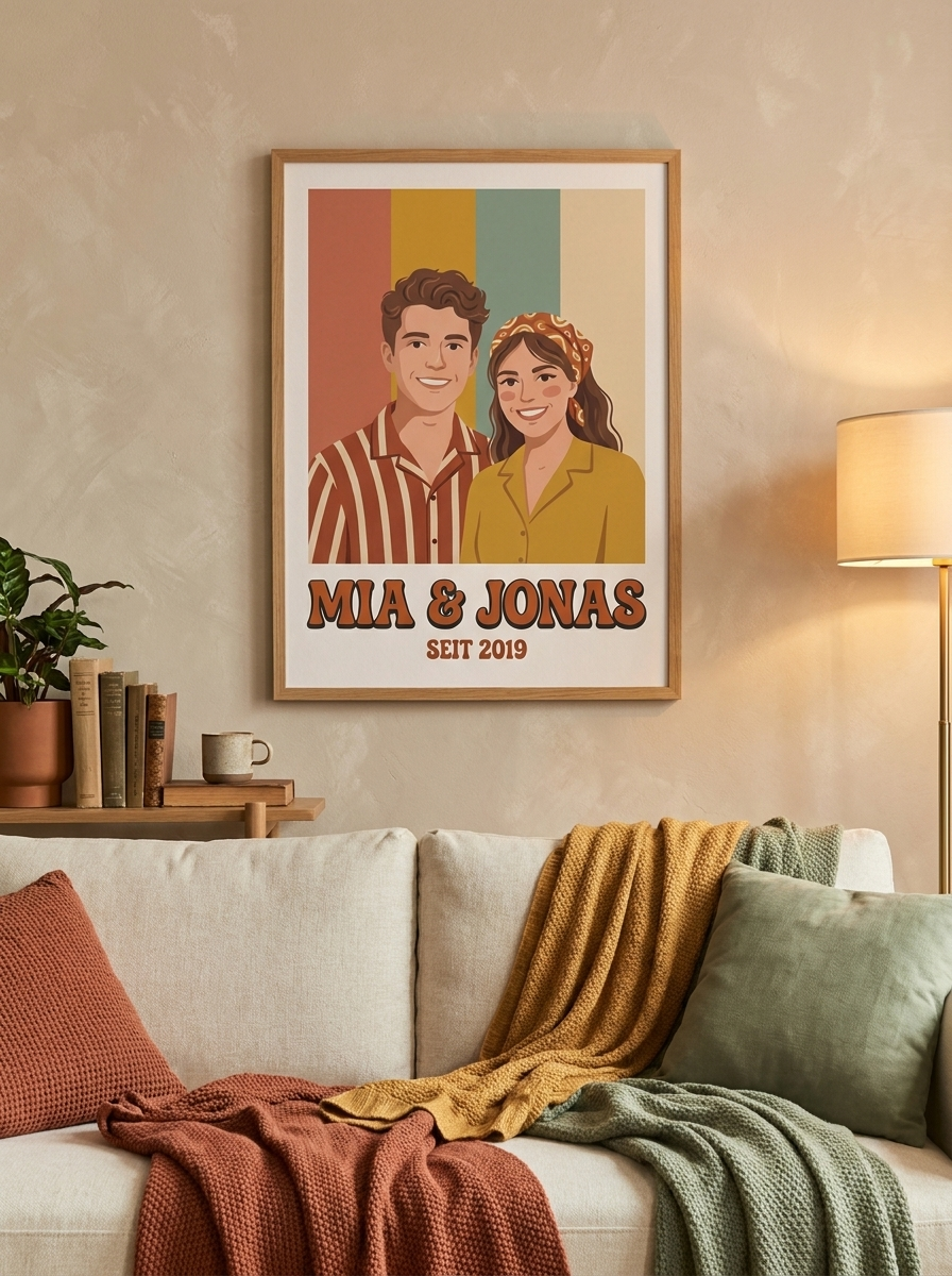 Personalisiertes Paarportrait Poster — Retro Illustration – Poster im Wohnzimmer